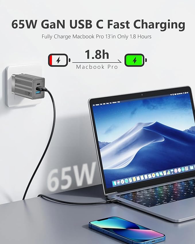 65W USB C Charger Block, GaN Fast Wall Charger,3-Port Type C Power Adapter with 6 Feet USB C Cable for iPad iPhone MacBook Air/Pro, Galaxy, Laptop,etc and More Series (Gray)