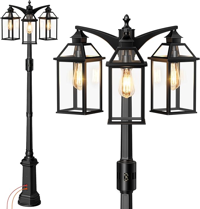 Outdoor Lamp Post Motion Sensor with Outlet, Dusk to Dawn Pole Lights 3-Head, Classic Black 360°Detection Waterproof Anti-Rust Aluminum Street Lighting for Yard Backyard Patio Driveway