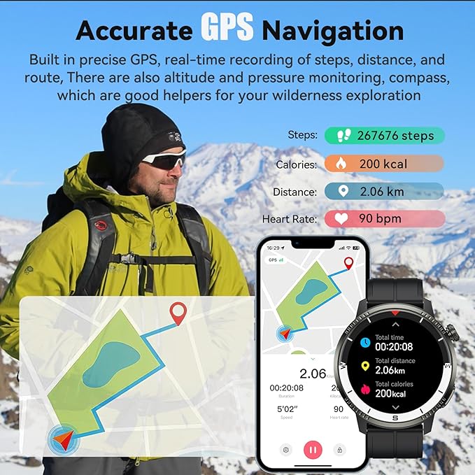 Smart Watch for Men, GPS Smartwatch Fitness Activity Tracker with Heart Rate/Sleep Monitor, Pedometer, Bluetooth Calls/Notifications, 170+ Exercise Modes, 5 ATM Water-Resistance (Black)