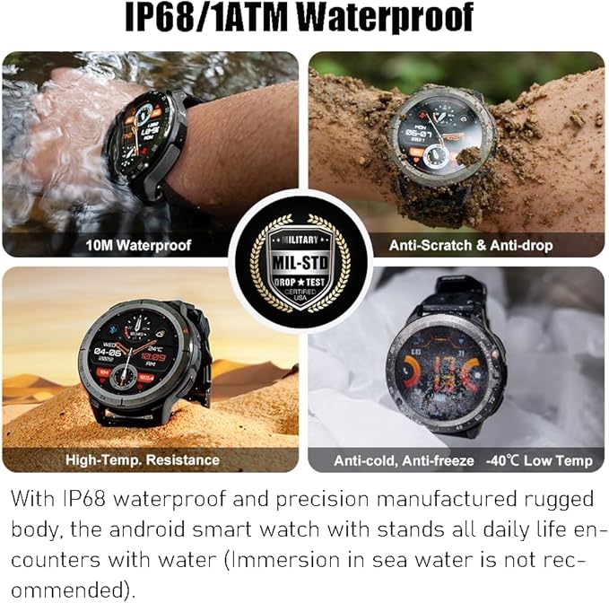 VIRAN Military Smart Watches for Men, 5ATM Waterproof Rugged Smart Watch with Bluetooth Call (Answer/Dial Call), Outdoor Fitness Tracker Watch with 100+ Sport Modes for Android and iOS (Black)