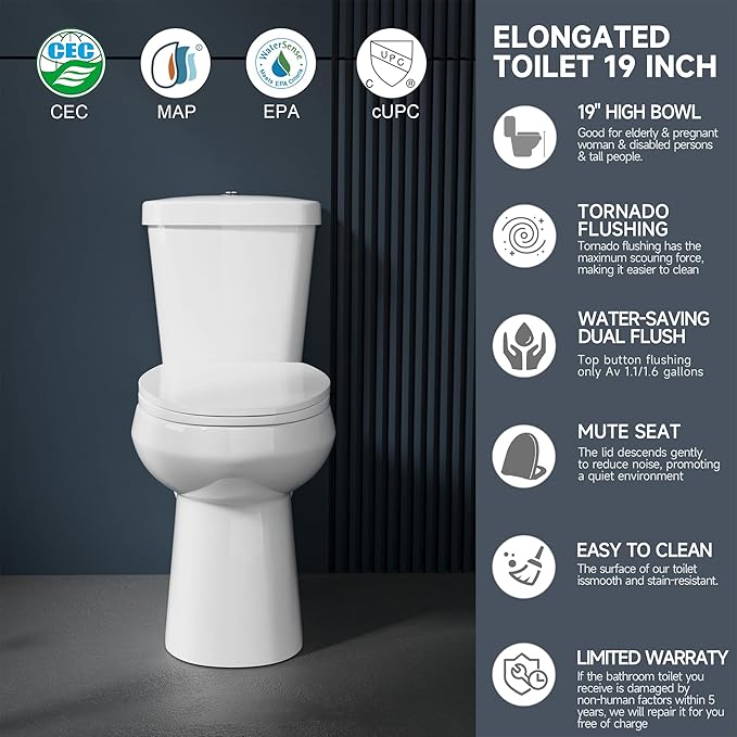 Elongated Tall Toilet 19 Inch for Bathroom 1.1/1.6 GPF Tornado Dual Flush - Two Piece Comfort ADA High Toilet for Seniors, 19 Inch Bowl Height 20 Inch Seat Height, 19" Rough In, White