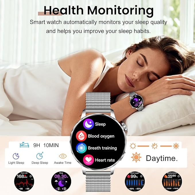 Smart Watches for Women, 1.27'' Smartwatch (Answer/Make Calls) Compatible with iPhone/Android Phones, IP68 Waterproof Fitness Tracker Watch with Sleep Monitor,100+ Sports Modes (Silver)