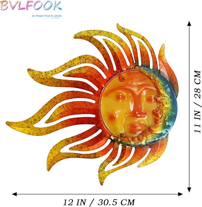 Metal Sun Moon Wall Art Decor, 12 Inch Retro Hanging Decor With Glass, Flame Sun Outdoor Indoor Wall Decorations For Patio Yard Garden Fence Living Room Bedroom