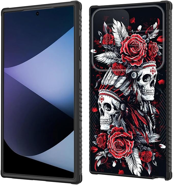 for Galaxy S24 Ultra Case Built in Slide Camera Lens Cover,Heavy Duty Shockproof Protection Dual Layer Case for Samsung Galaxy S24 Ultra 6.8" 2024,Skull Art with Feathers and Roses