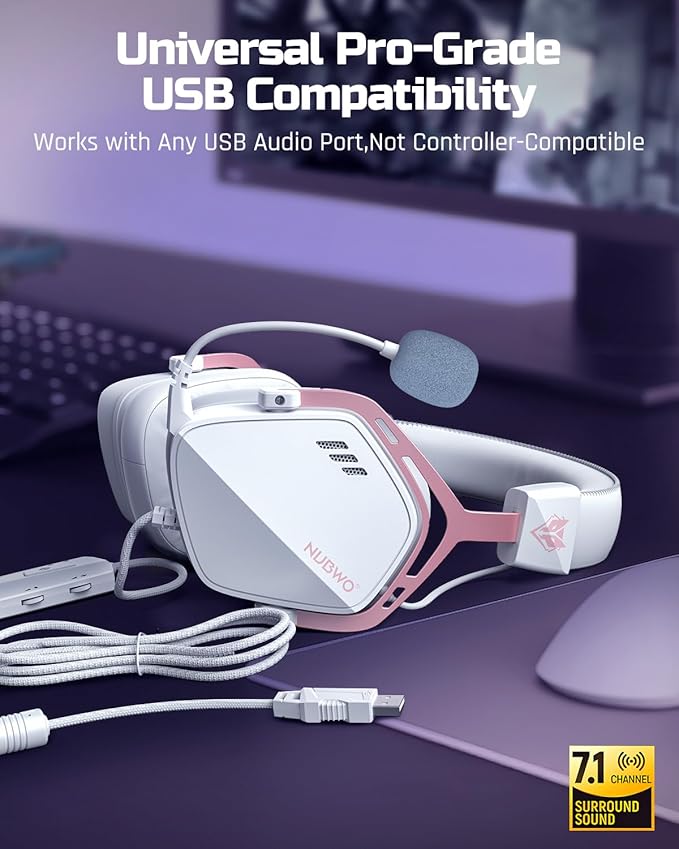 NUBWO HG03 USB-A Gaming Headset with 7.1 Surround and FPS Sound, Wired Headphones with Noise Canceling Mic, Comfortable Design for PC, Laptop - White Pink