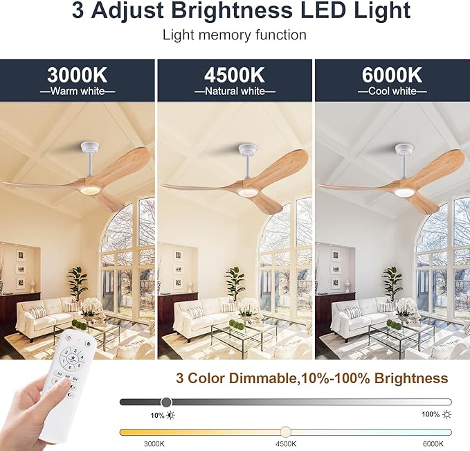 72 Inch Ceiling Fan with Lights and Remote, 3 Wood Fan Blades Ceiling Fan with Quiet Reversible DC Motor Indoor Outdoor for Patios Living Room Bedroom Study