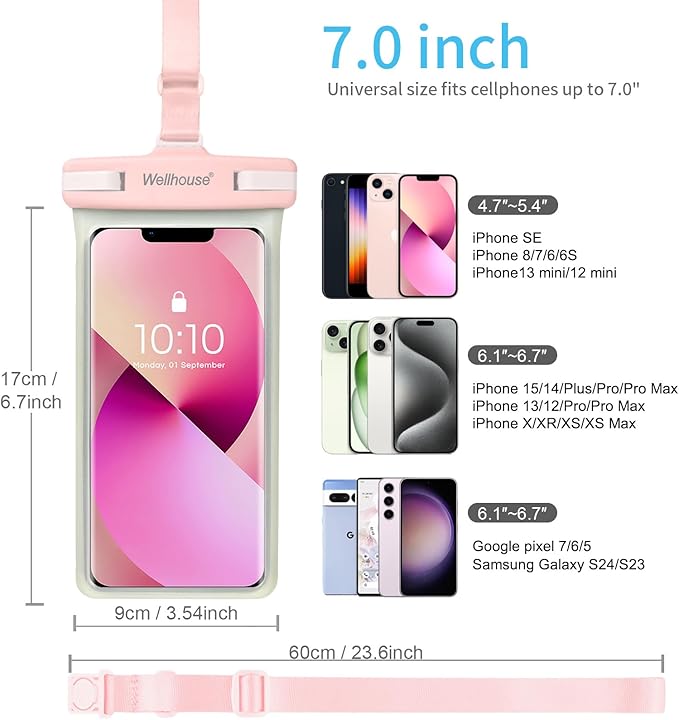 wellhouse Waterproof Phone Pouch, Waterproof Phone Case for iPhone 17 16 15 14 13 Pro Max XS Samsung, IPX8 3D Cellphone Dry Bag Beach Essentials (2 Pack - Luminous Blue & Pink7.0, 7 inch)