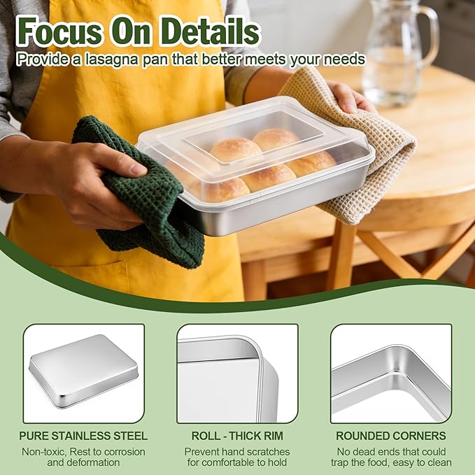 TeamFar Rectangular Cake Pan with Lid, 9.3’’ x 7’’ Stainless Steel Small Lasagna Baking Roasting Pan, Non-Toxic & Deep Side, Dishwasher Safe
