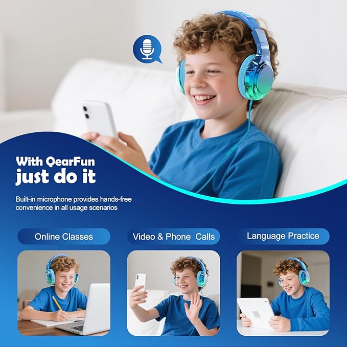 QearFun Kids Headphones Wired with Mic, 85/94dB Safe Volume Limit, Foldable Over Ear, Tangle-Free Cord & Sharing Port, Wired On-Ear Headset for School, Chromebook, Tablet, Travel - Boys & Girls