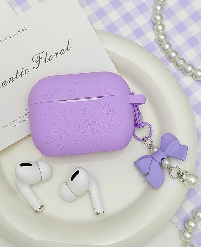 for AirPods Pro 2 Case Cover with Bow Keychain, DamonLight Cute Flower Floral Engraved Silicone Protective Case Cover Compatible with Apple Airpods Pro 2 Case for Women and Girls, Purple