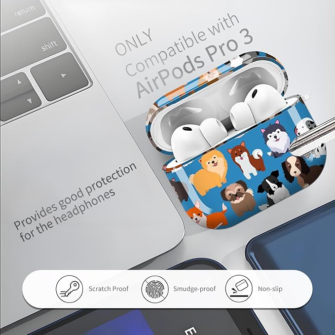 AirPod Pro 3 (2025) Case Cover for Women, Cute Shockproof TPU Protective Case with Gold Round Buckle, Anti-Drop Design Cute Blue Dog