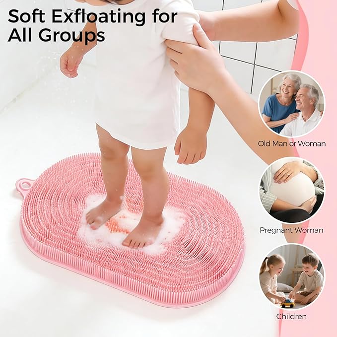 Shower Foot Scrubber - XXL Large Silicone Bath Mat for Exfoliating & Massaging Feet in Shower, Non-Slip Suction Cups, Dead Skin Remover, Callus Cleaner for Men & Women, 20.9"x13.8" Pink