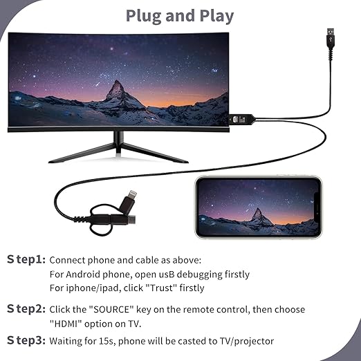 3-in-1HDMI Cable to TV Adapter 2k 60Hz 1080P Phone to TV HDTV AV Adapter for Android Phone Type C,Multi-Function,Plug & Play, HDMI Cable Compatible with Roku TV/PS5/HDTV/Blu-ray