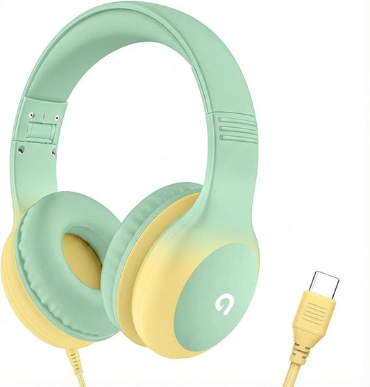 Wired Kids Headphones with USB C Plug, 85dB Safe Volume, Adjustable Headband, Tangle-Free Cord Headphones for School, Tablet, Travel (Mint Green & Cream Yellow, Without Microphone)