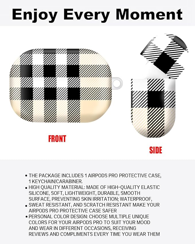 Compatible with AirPod Pro Case 2nd/1st Gen (2023/2022/2019),Shockproof Protective Cover with Keychain for Women,Cute Charging Case for Airpod Pro 2/1(Beige Plaid)