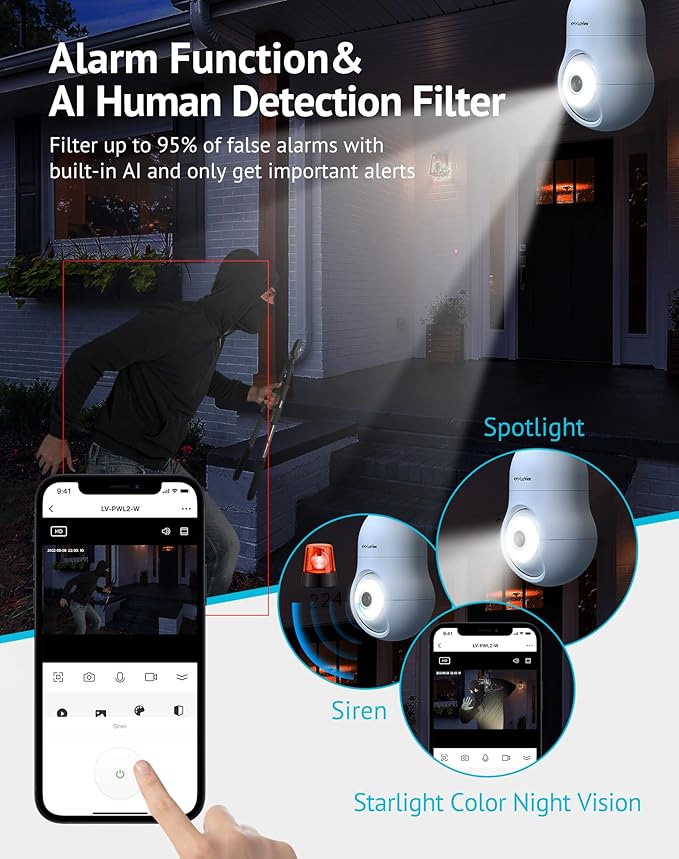 LaView 5MP QHD Bulb Security Camera 2.4GHz, 360° 3K Security Cameras Wireless Outdoor Indoor Full Color Day and Night, AI Motion Detection, Audible Alarm, Easy Installation, Compatible with Alexa