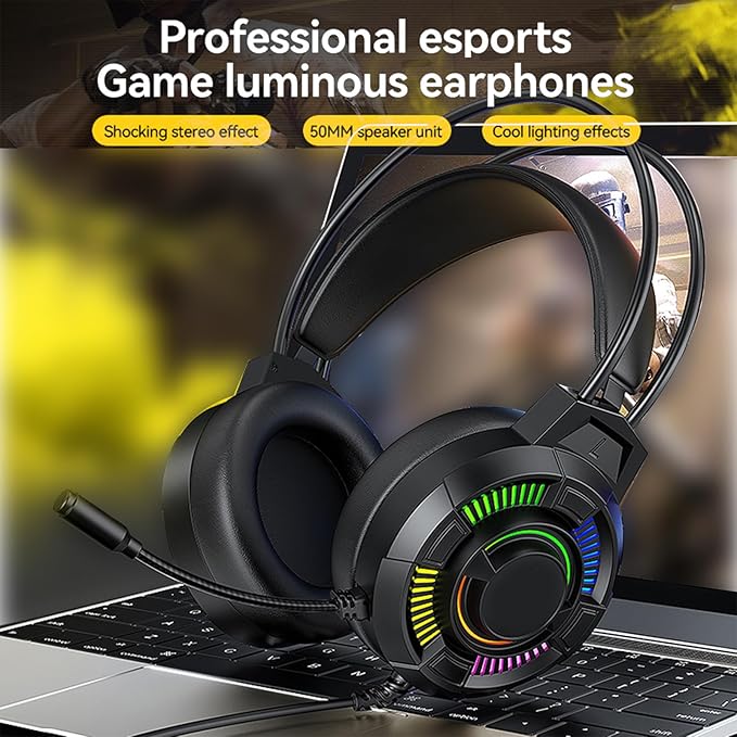 Gaming Headset with RGB Lighting USB Wired Over Ear Headphones 50mm Drivers 7.1 Surround Sound Lightweight Ergonomic Design Soft Ear Cushions for PC