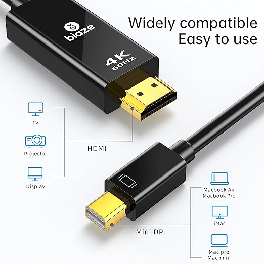 Mini DP to HDMI Cable 6Ft, 4K@60Hz, Compatible with MacBook Pro/Air, Surface, PC, TV, Projector, Plug and Play, Supports Windows/macOS/Linux