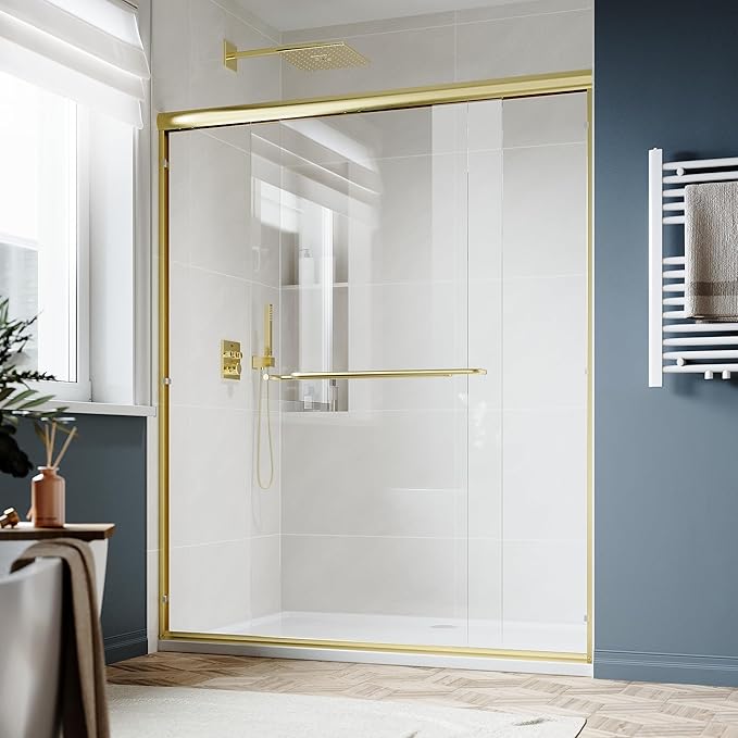 SUNNY SHOWER Double Sliding Glass Door 60" W x 72" H Shower Door 1/4" Tempered Glass Sliding Door Semi-Frameless Shower Glass Enclosure Bypass Walk in Shower Cabin, Brushed Gold