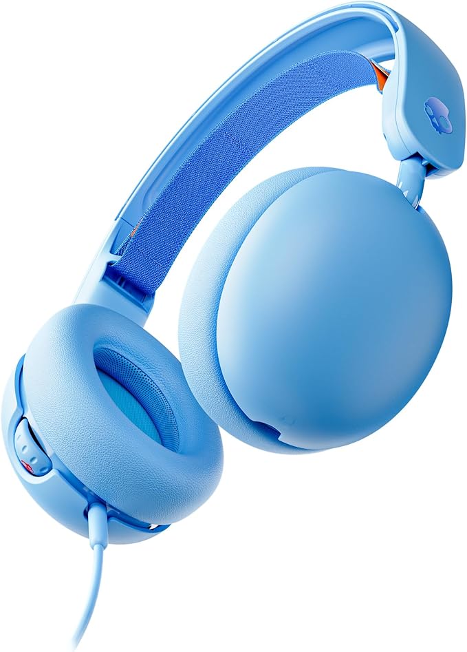 Skullcandy Grom Wired Headphones, Volume-Limiting Audio, Comfortable Over-Ear Fit, Foldable, Designed for Kids 6+, Convenient for Travel with 3.5mm AUX Plug, Built-in Microphone - Surf Blue