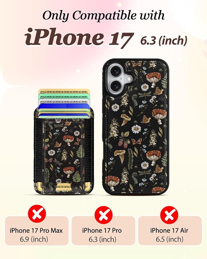 Shorogyt for iPhone 17 Wallet Case - Fits 5 Cards, Compatible with Magsafe Detachable Magnetic Credit Card Holder Leather Cardholder Cute Phone Cover Women Girls for Apple 17, Mushroom