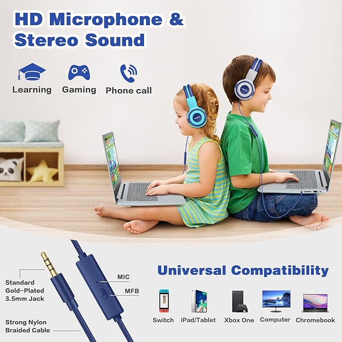 SIMOLIO 2 Pack Wired Headphones for Kids School with Share Port, 75dB/85dB/94dB Volume Limited & Mic, Foldable Children Headphones for Boys/Girls/Travel/Plane/Tablet/iPad/Kindle (Mint,Grey)