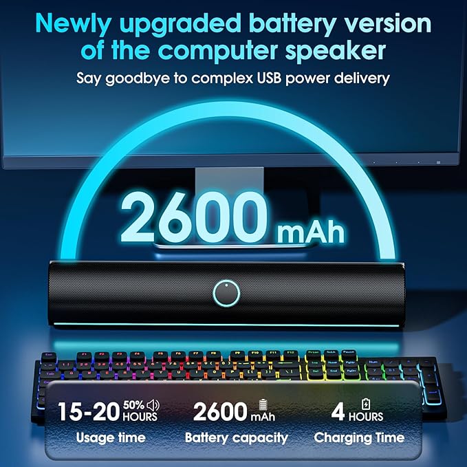 Computer Speakers for Desktop PC,Computer Sound bar,2600mAh PC Soundbar,Bass Boost,HiFi Stereo Bluetooth Desktop Speakers with Touch Buttons for Laptops,Phone,Great for Gamers,Families