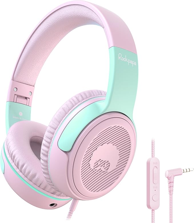 rockpapa Share 1 Kids Headphones Wired with Microphone & Share Port, 85dB/94dB Volume Limited, Cute Foldable Student Child Boys Girls Headphones for School/Classroom/Travel Pink/Green
