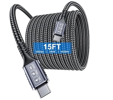 15FT USB C to USB C Cable, 240W Fast Charging, 20Gbps Data, 4K Video