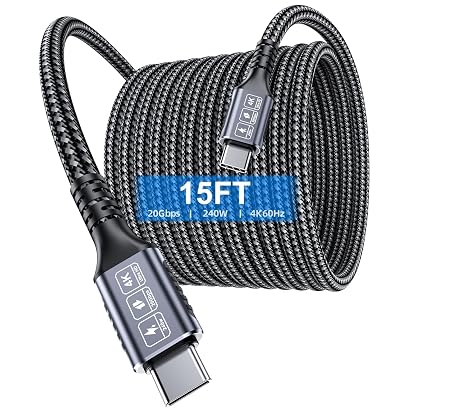 15FT USB C to USB C Cable, 240W Fast Charging, 20Gbps Data, 4K Video