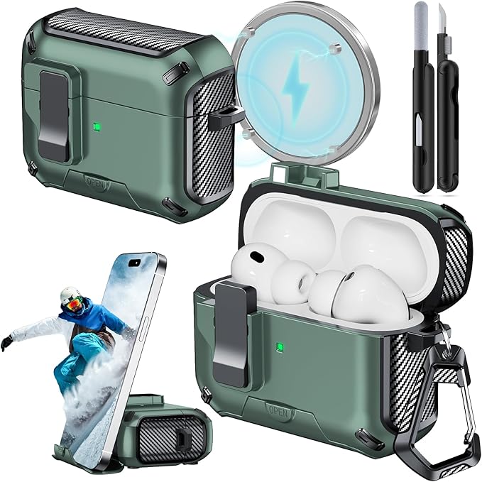 for AirPods Pro 3 Case (2025) with Phone Stand,（with Automatic Snap Switch） Carbon Fiber Design Protection Cover with Cleaning Pen,Light Green