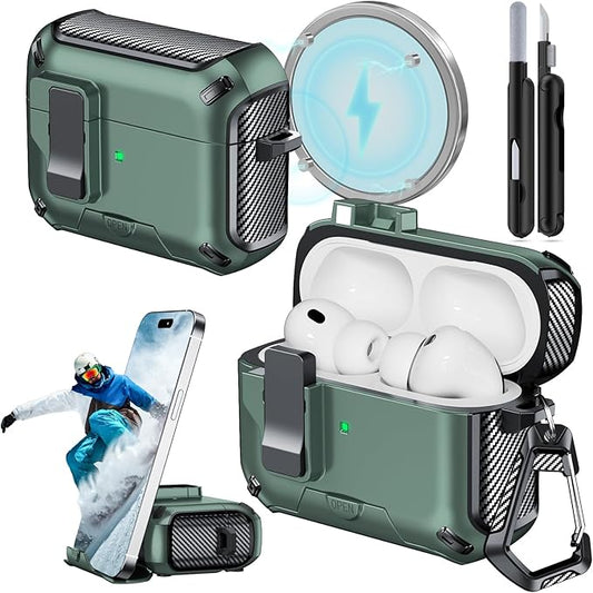 for AirPods Pro 3 Case (2025) with Phone Stand,（with Automatic Snap Switch） Carbon Fiber Design Protection Cover with Cleaning Pen,Light Green