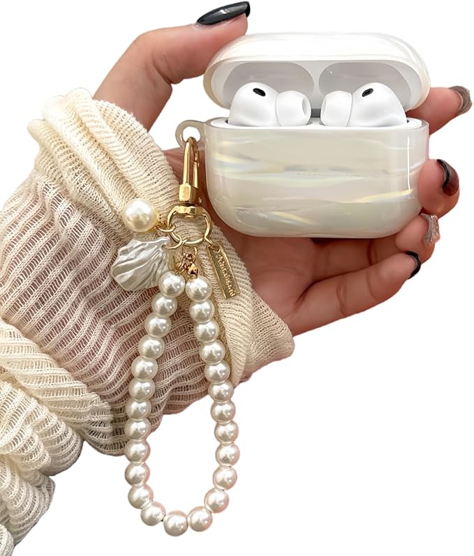 Cute Case for Airpods Pro 3 (2025), Bling Shell Pattern Soft TPU Protective Cover with Luxury Pearl Shell Keychain for Apple Airpods Pro 3 Charging Case, Colorful White