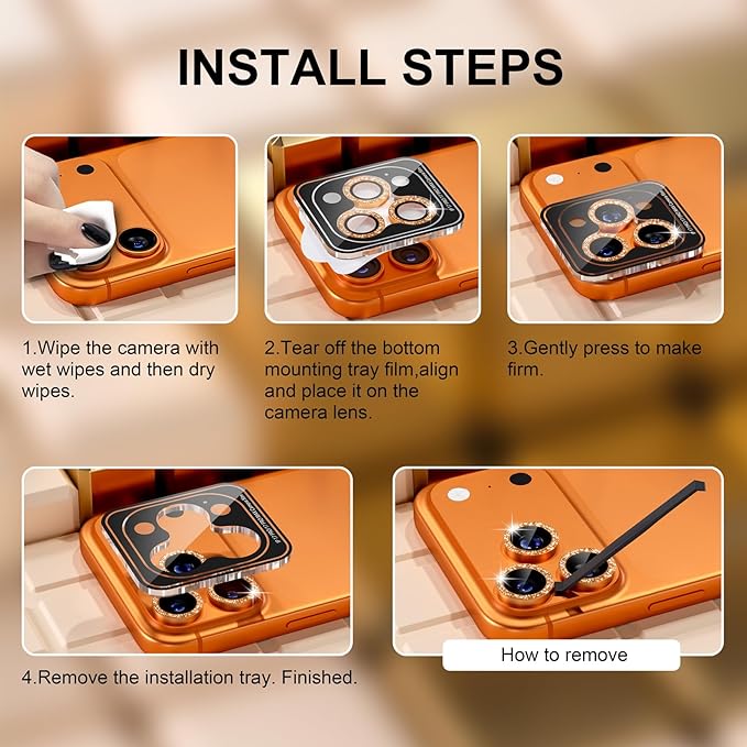 Misea Compatible for iPhone 17 Pro/iPhone 17 Pro Max Camera Lens Protector Bling, 9H Tempered Glass Camera Cover Screen Protector Metal Individual Ring Decoration Accessories, Orange Glitter