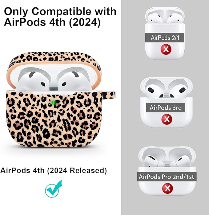 Silicone Leopard AirPods 4 Case 2024, Gawnock Case Cover for Apple Airpods 4th Generation Print Soft Flexible Cover for Air Pod 4th Women Girls, Skin with Keychain - Leopard Khaki