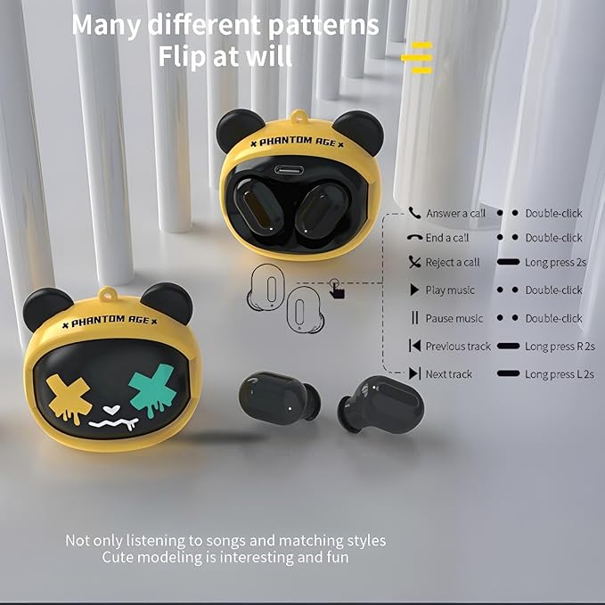 Kids Wireless Earbuds with Rotating Chaging Case Wireless Bluetooth Earbuds for Kids, Kid Ear Buds with Mic, 88dB Safe Volume, Earphones Earpods in-Ear for Android iOS Cell Phone Laptop, Bear
