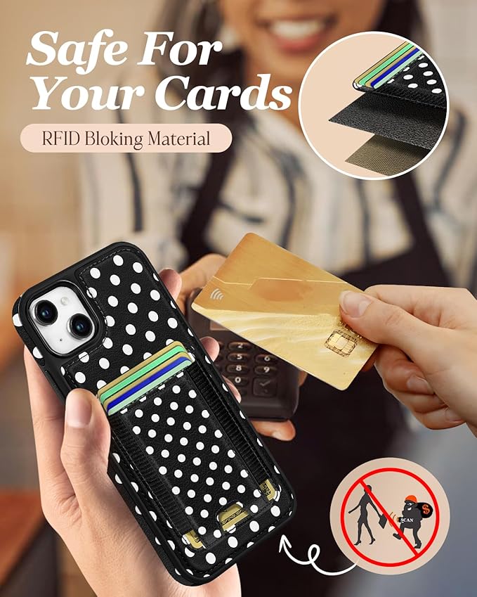 Shorogyt for iPhone 15 Plus Case Wallet - Fits 5 Cards, Compatible with Magsafe Detachable Magnetic Credit Card Holder Leather Cardholder Cute Phone Cover Women Girls for Apple 15Plus, Polka Dots