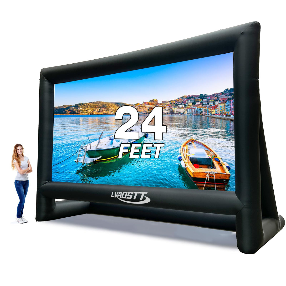 Inflatable Projector Screen, 24FT Blow Up Movie Screen Outdoor Projector, Easy Set Up One-piece Design Front & Rear Projection with Air Blower for Outside Backyard Family Movie Night Pool Party