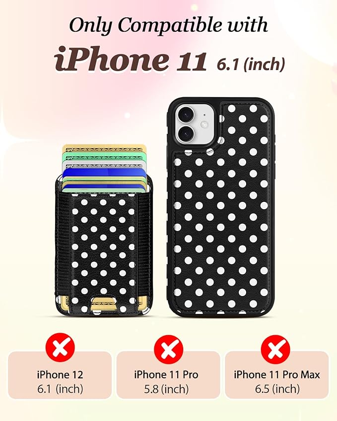 Shorogyt for iPhone 11 Wallet Case - Fits 5 Cards, Compatible with Magsafe Detachable Magnetic Credit Card Holder Leather Cardholder Cute Phone Cover Women Girls for Apple 11, Polka Dots
