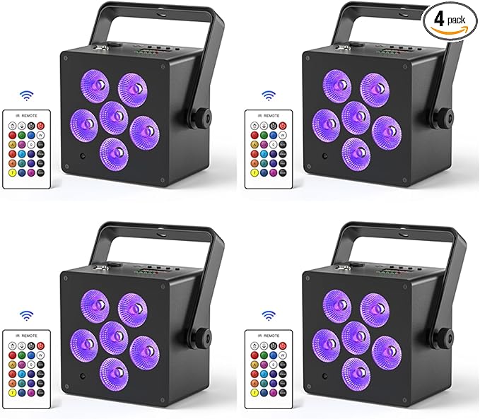 Battery Powered Stage Lights, LED Par Lights RGBWA+UV 60W, Rechargeable Par Can Light with 5500mAh Battery, Remote DMX Sound Activated Uplights for Events, Party, Wedding, Concert - 4Pcs