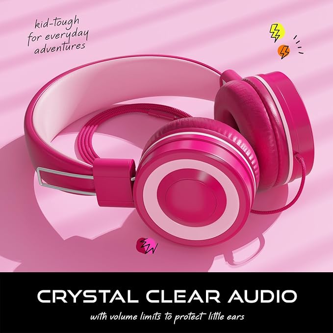 MYZI Kids Headphones with Cord, Foldable Over Ear Headphones for Kids with Microphone, Tangle-Free Wired 85dB Safe Volume Toddler Headphones for iPad, School, and Airplane – Pink