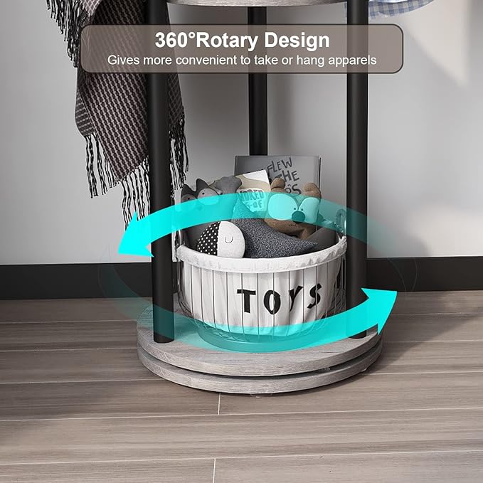 Rotary Coat Rack Freestanding Metal Coat Hall Tree Stand with 4 Tiers Storage Display Shelf and 9 Hooks for Entryway Bedroom Corner Office Garment Clothes Holder (Grey)