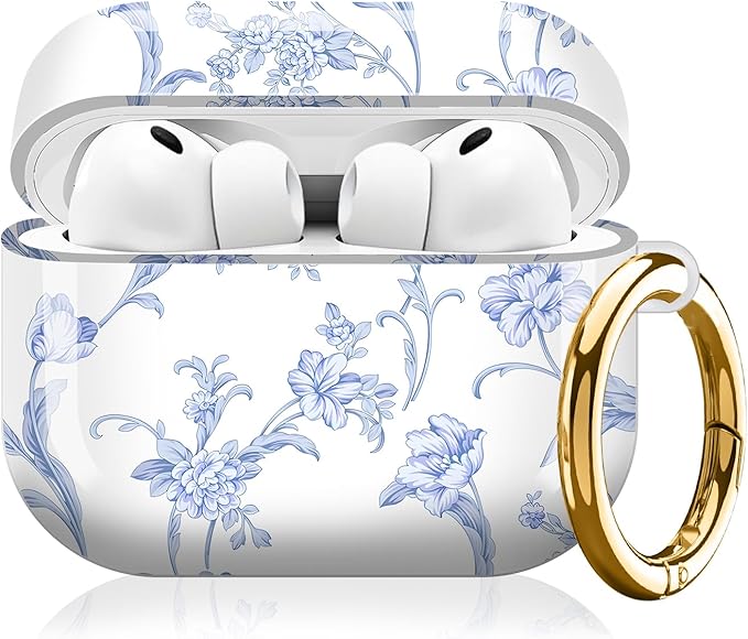 Compatible with AirPod Pro 3 (2025),Cute Case Cover for Women & Men, Full Protection Shockproof Hard Case with Keychain, Wireless Charging Case Accessories(Blue Flowers)