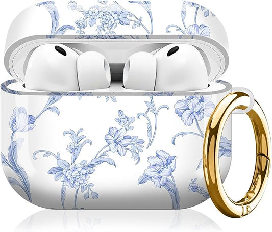 Compatible with AirPod Pro 3 (2025),Cute Case Cover for Women & Men, Full Protection Shockproof Hard Case with Keychain, Wireless Charging Case Accessories(Blue Flowers)
