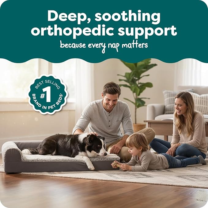 FurHaven Orthopedic Dog Bed for Large Dogs, L-Shaped Chaise Contour Mattress with Egg Crate Orthopedic Memory Foam for Joint Support, Removable Washable Cover, Large, Faux Fur & Suede, Stone Gray