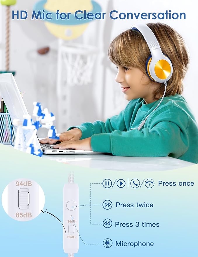 Kids Headphones with MIC, Over-Ear Headphones for Kids with Cord, HD Sound, Safe Volume Limit, Sharing Function, Kid Headset for Boys Girls, Toddler Headphone for School, Tablet, White Orange