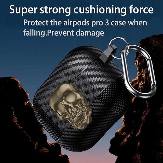 for Hard AirPods Pro 3 Case 2025|Funny 3D Skull Air Pods Pro 3 Case with Lock(Model A2700/A2931)|with Keychain|Halloween Cool Carbon Fiber Airpods 3 Pro Cases for Man Women(Gold)