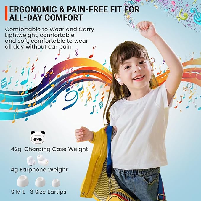 Kids Wireless Earbuds with Rotating Chaging Case Wireless Bluetooth Earbuds for Kids, Kid Ear Buds with Mic, 88dB Safe Volume, Earphones Earpods in-Ear for Android iOS Cell Phone Laptop, Panda
