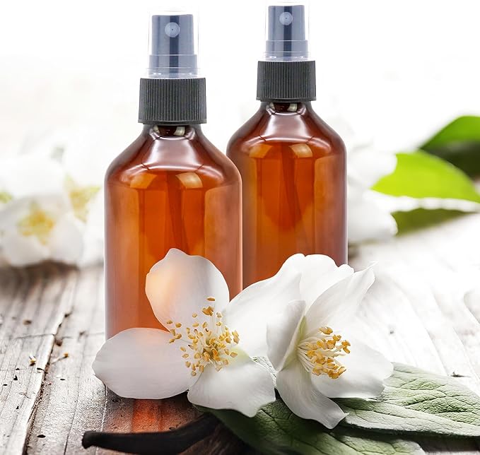 TRENDBOX 6 Pack 3.4oz Amber Spray Bottles, Small Fine Mist Mister Plastic Travel Bottles, Empty Bottles Set for Essential Oils Hair