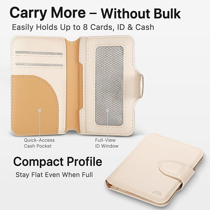for MagSafe Wallet, Magnetic Phone Wallet RFID Blocking, Slim 5-8 Card Holder with Cash Slot & Clear ID Window, Minimalist Mag Safe Wallets for iPhone 17/16/15/14/13/12 Series, Oatmeal Beige